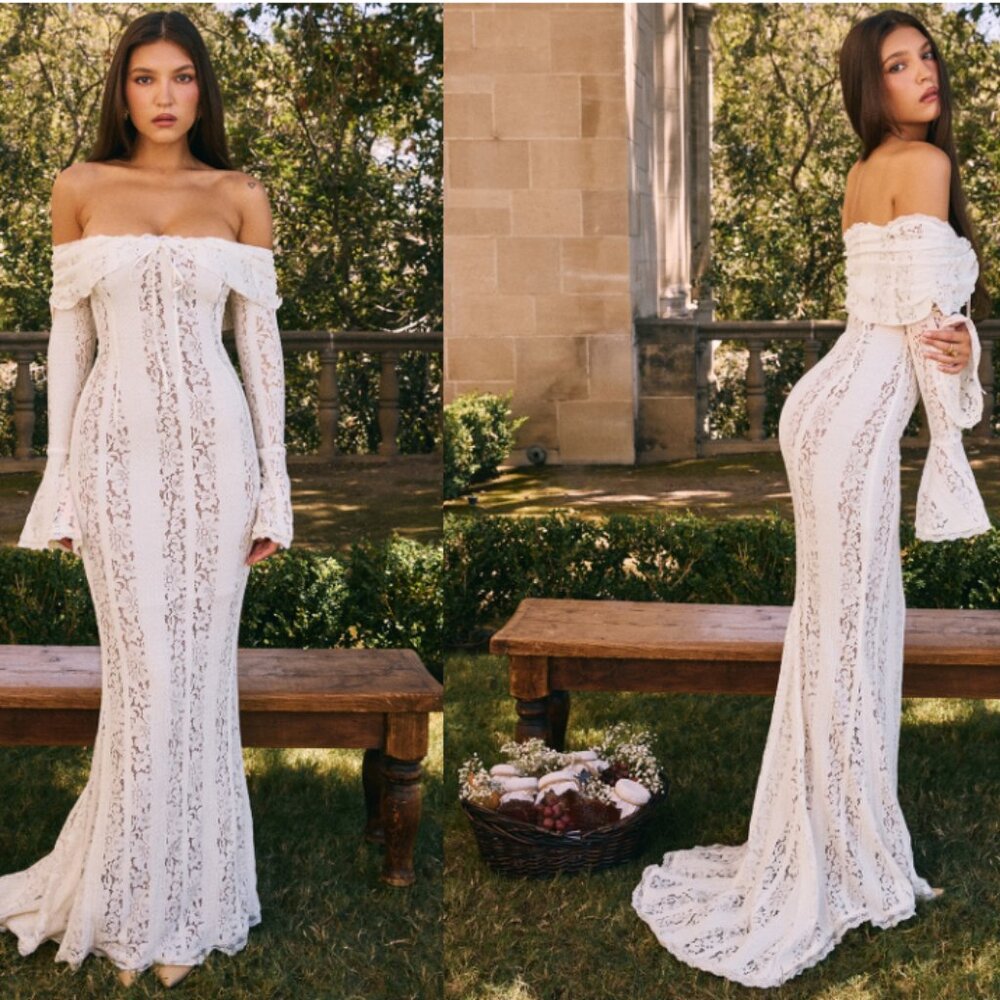House of CB ‘Belle’ Vintage Cream Floral Lace Off Shoulder Maxi Dress NWOT